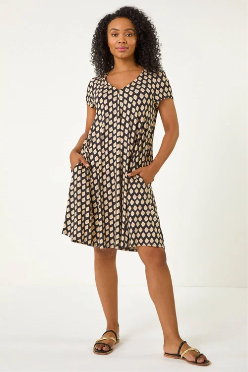 Roman Black Petite Print V-Neck Swing Pocket Dress - 12 Image 2