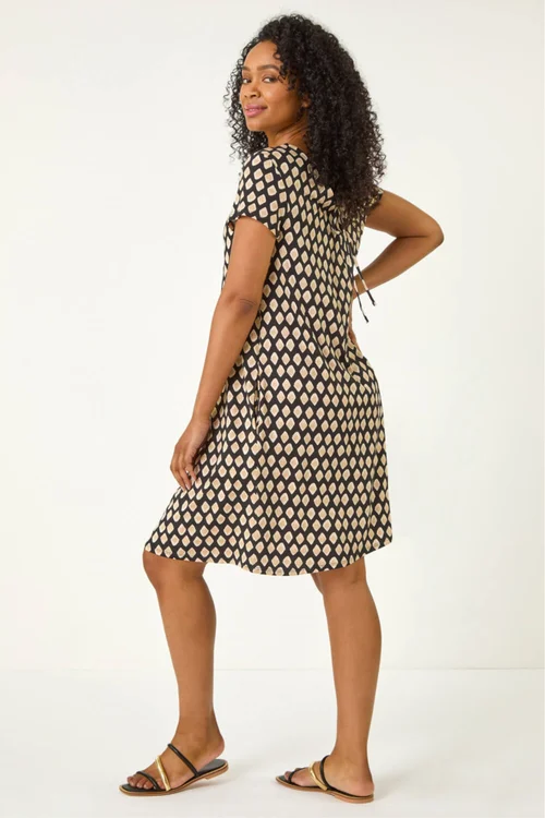 Roman Black Petite Print V-Neck Swing Pocket Dress - 12 Image 3