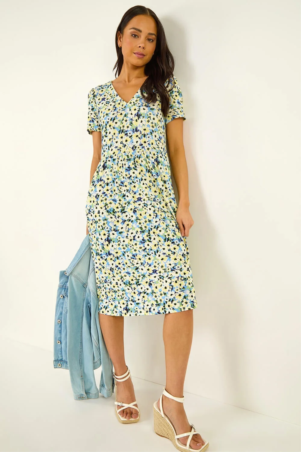 Roman Blue Petite Floral V-Neck Stretch Dress - 10 Image 1