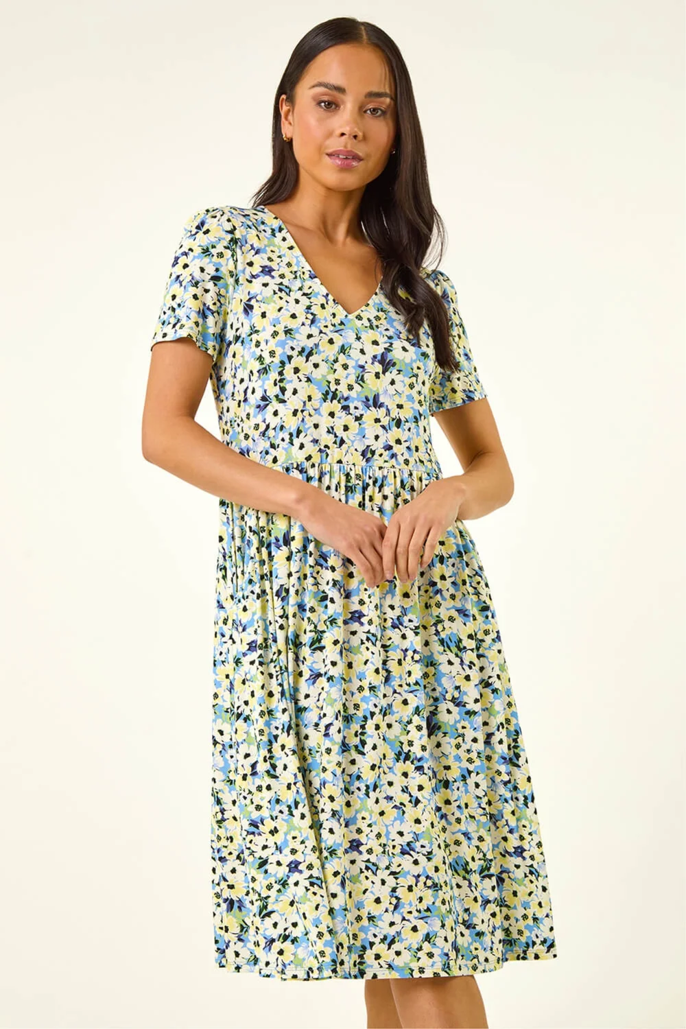 Roman Blue Petite Floral V-Neck Stretch Dress - 10 Image 2