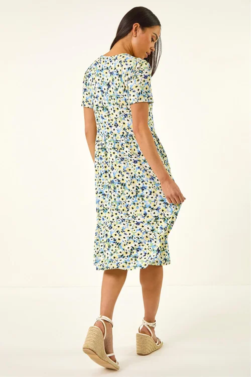 Roman Blue Petite Floral V-Neck Stretch Dress - 10 Image 3