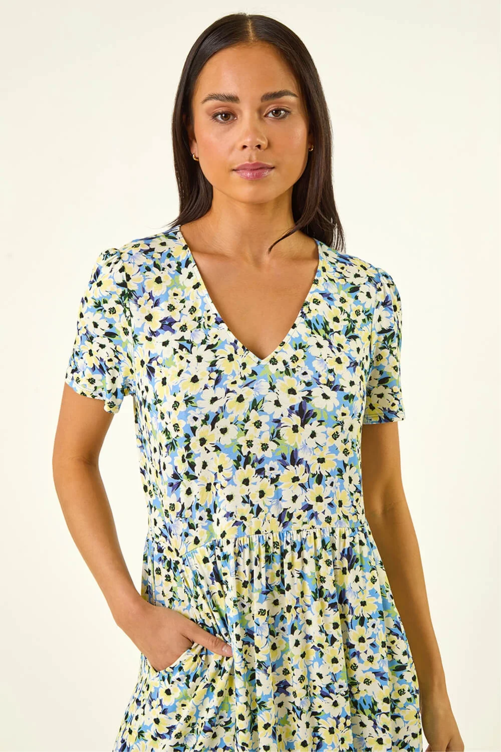 Roman Blue Petite Floral V-Neck Stretch Dress - 10 Image 4
