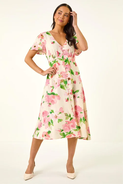 Roman Ivory Petite Floral Print Button Dress - 14 Image 2