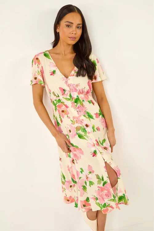 Roman Ivory Petite Floral Print Button Dress - 14 Image 1