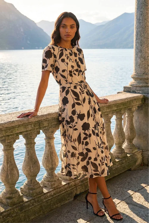 Roman Cream Floral Print Pleat Neck Midi Dress - 20 Image 1