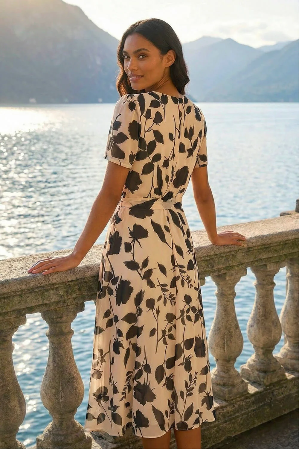 Roman Cream Floral Print Pleat Neck Midi Dress - 20 Image 3