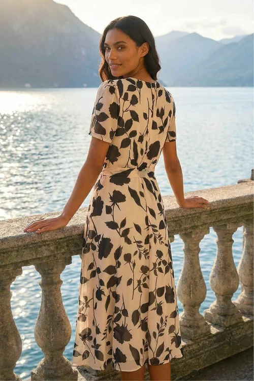 Roman Cream Floral Print Pleat Neck Midi Dress - 20 Image 3