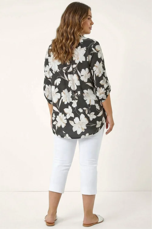 Roman Black Curve Floral Puff Print Stretch Shirt - 16 Image 3