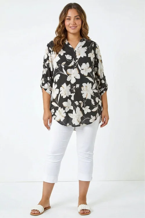 Roman Black Curve Floral Puff Print Stretch Shirt - 16 Image 1