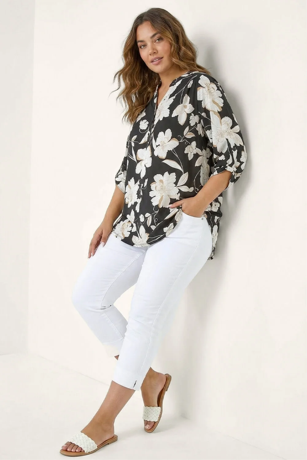 Roman Black Curve Floral Puff Print Stretch Shirt - 16 Image 4