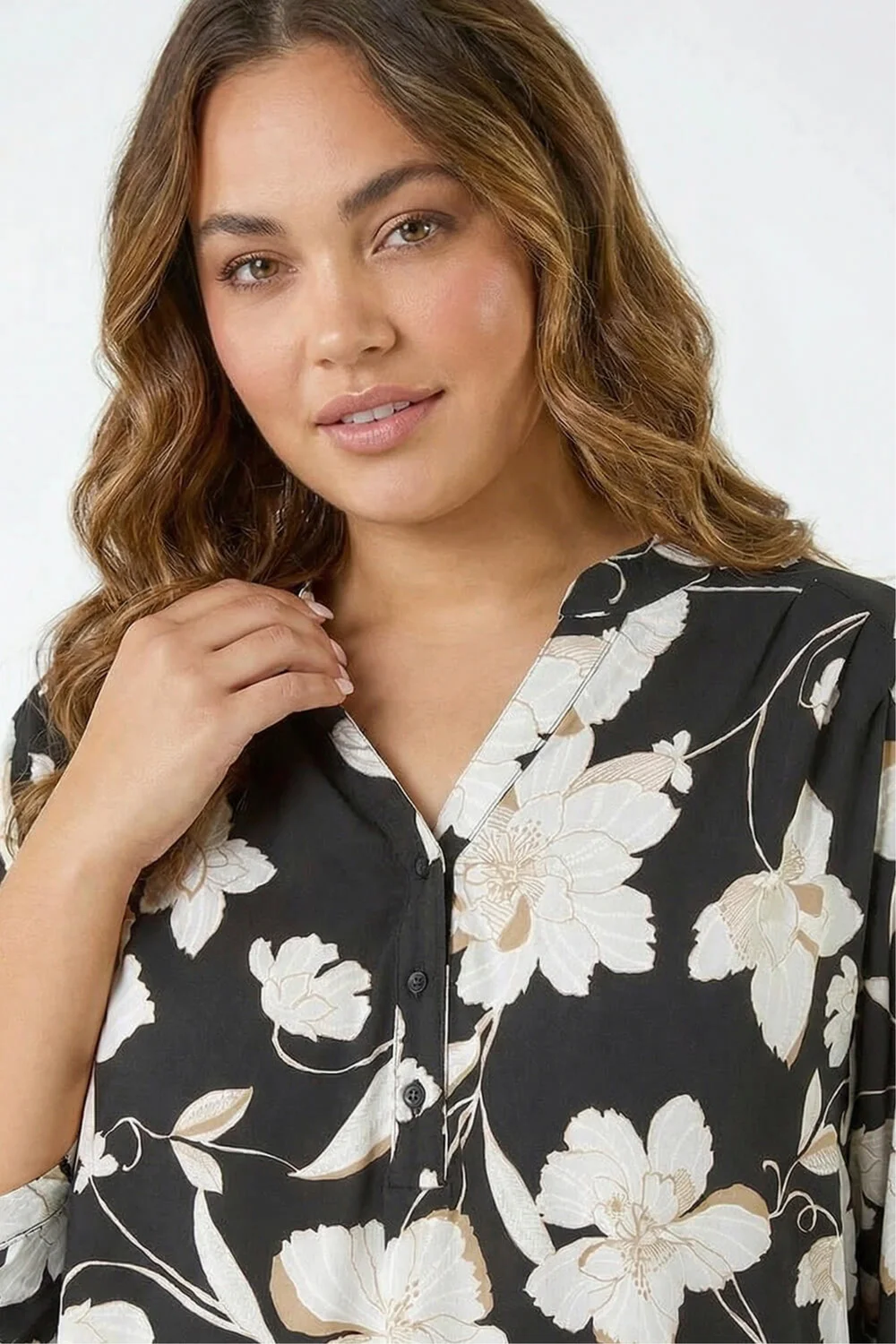 Roman Black Curve Floral Puff Print Stretch Shirt - 16 Image 2