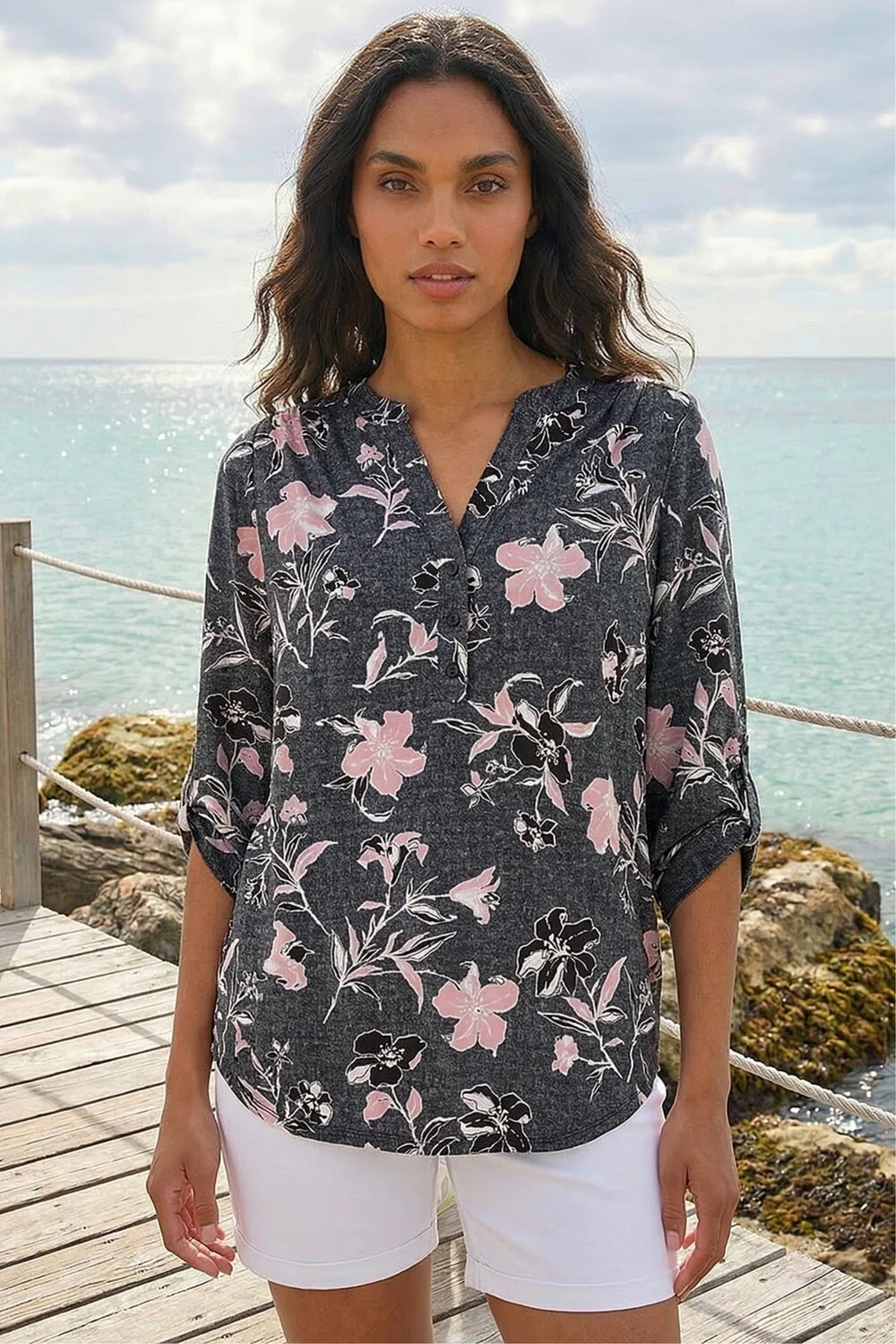 Roman Pink Textured Floral Print V-Neck Stretch Shirt - 12 Image 1