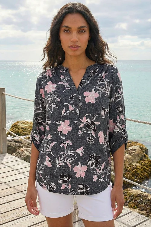Roman Pink Textured Floral Print V-Neck Stretch Shirt - 12 Image 1