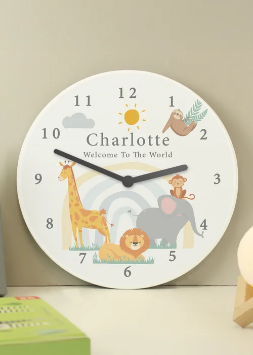 Personalised Memento Company Safari Animals Wooden Nursery Clock Multi - One Size Image 2