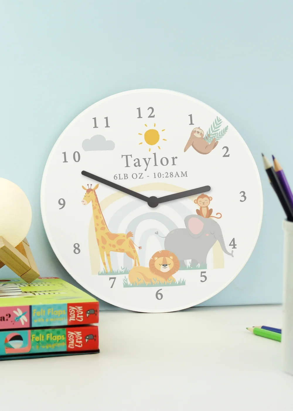 Personalised Memento Company Safari Animals Wooden Nursery Clock Multi - One Size Image 1