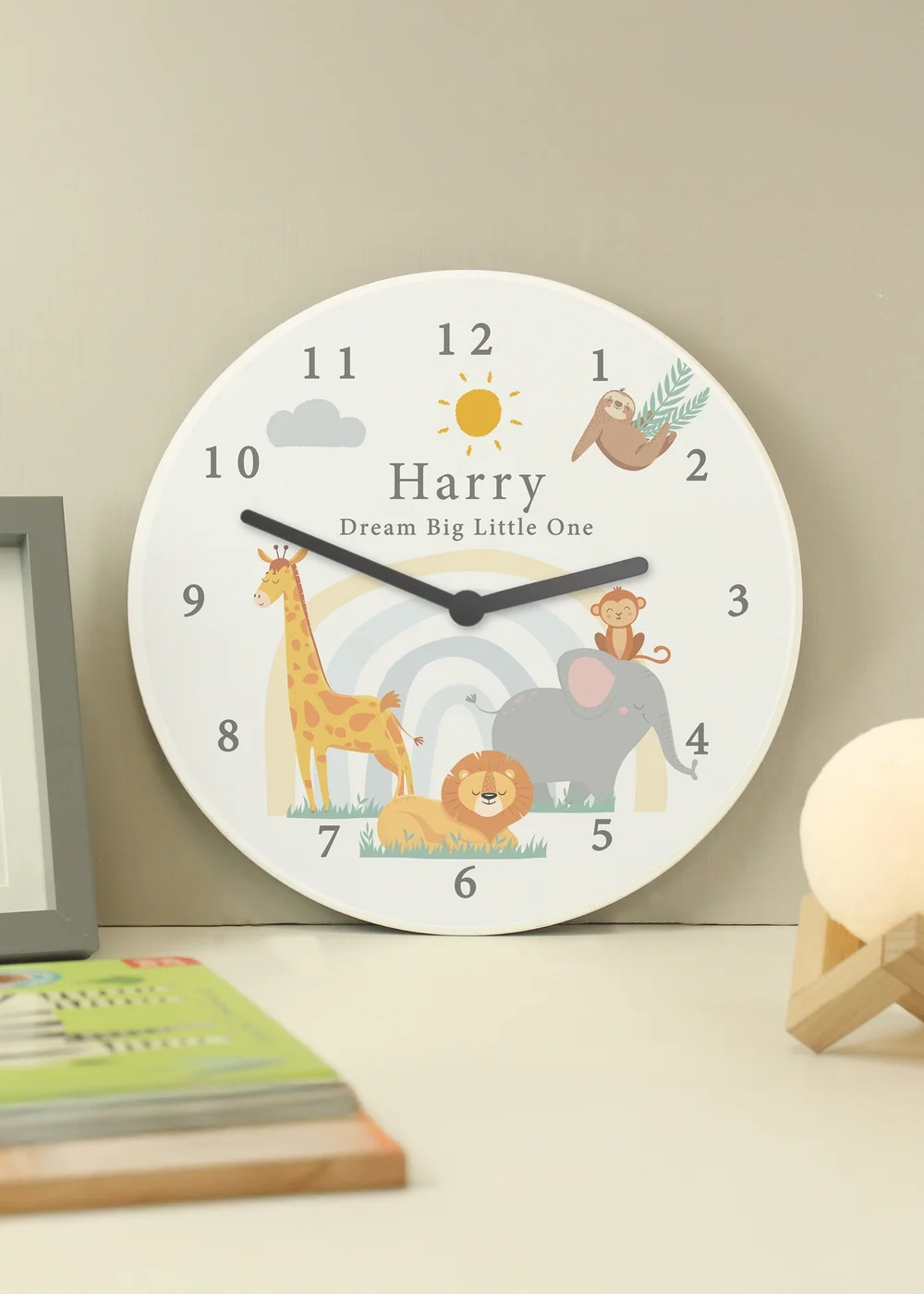 Personalised Memento Company Safari Animals Wooden Nursery Clock Multi - One Size Image 3