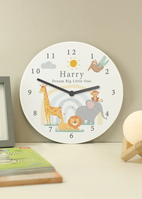 Personalised Memento Company Safari Animals Wooden Nursery Clock Multi - One Size Image 3
