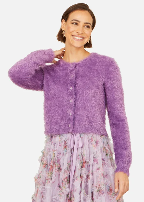 Yumi Lavender Eyelash Knit Cropped Cardigan - S Image 3
