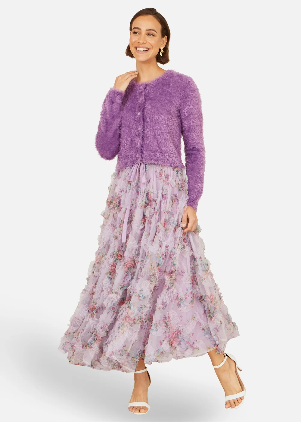 Yumi Lavender Eyelash Knit Cropped Cardigan - S Image 2