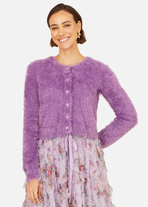 Yumi Lavender Eyelash Knit Cropped Cardigan - S Image 1