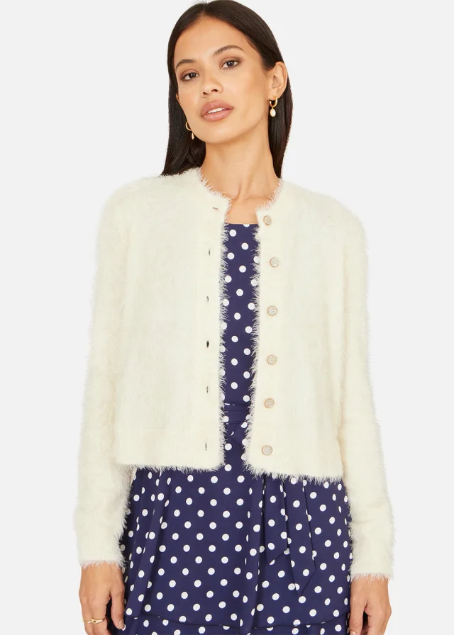 Yumi Ivory Eyelash Knit Cropped Cardigan