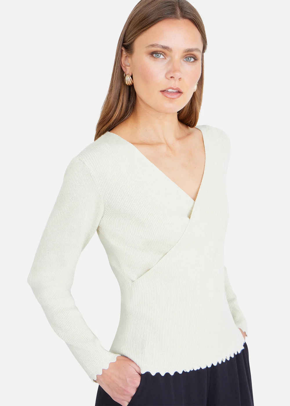 Yumi Ivory Metallic Thread Rib Wrap Knitted Top - M Image 3