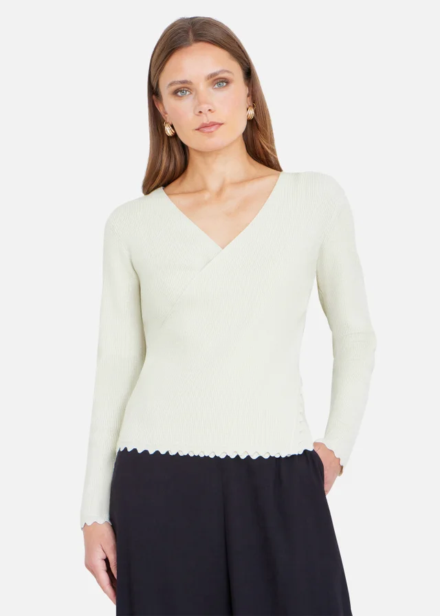 Yumi Ivory Metallic Thread Rib Wrap Knitted Top