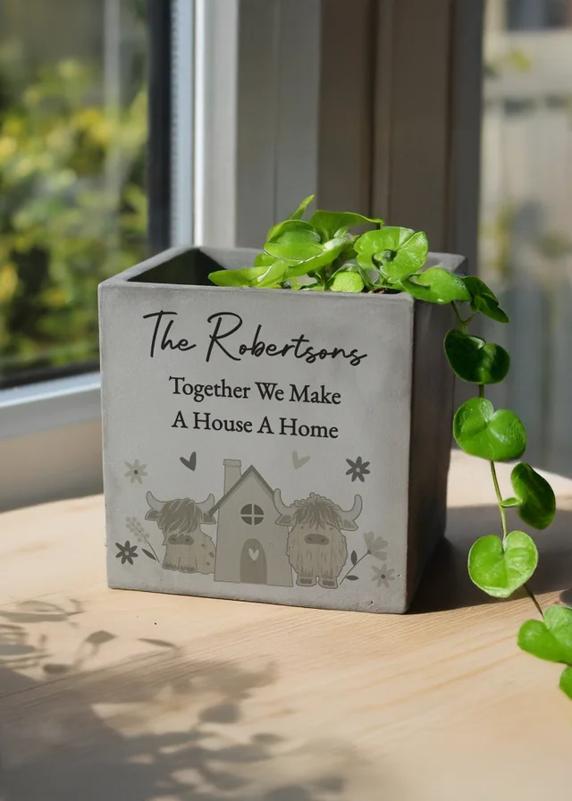 Personalised Memento Company Highland Cow Concrete Plant Pot Grey