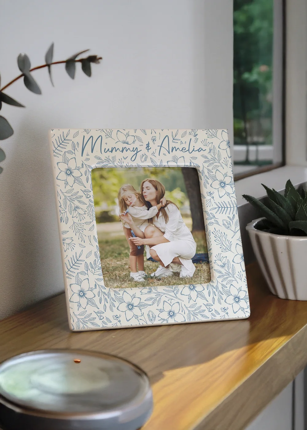 Personalised Memento Company Blue Floral Ceramic 4x4 Frame - One Size Image 1