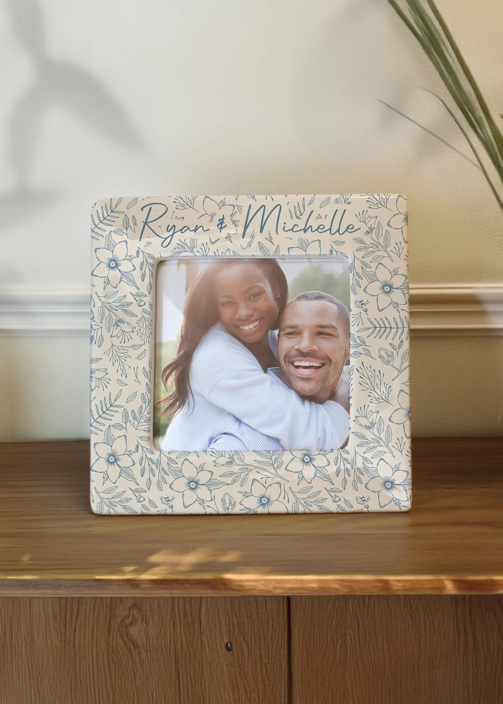 Personalised Memento Company Blue Floral Ceramic 4x4 Frame - One Size Image 2