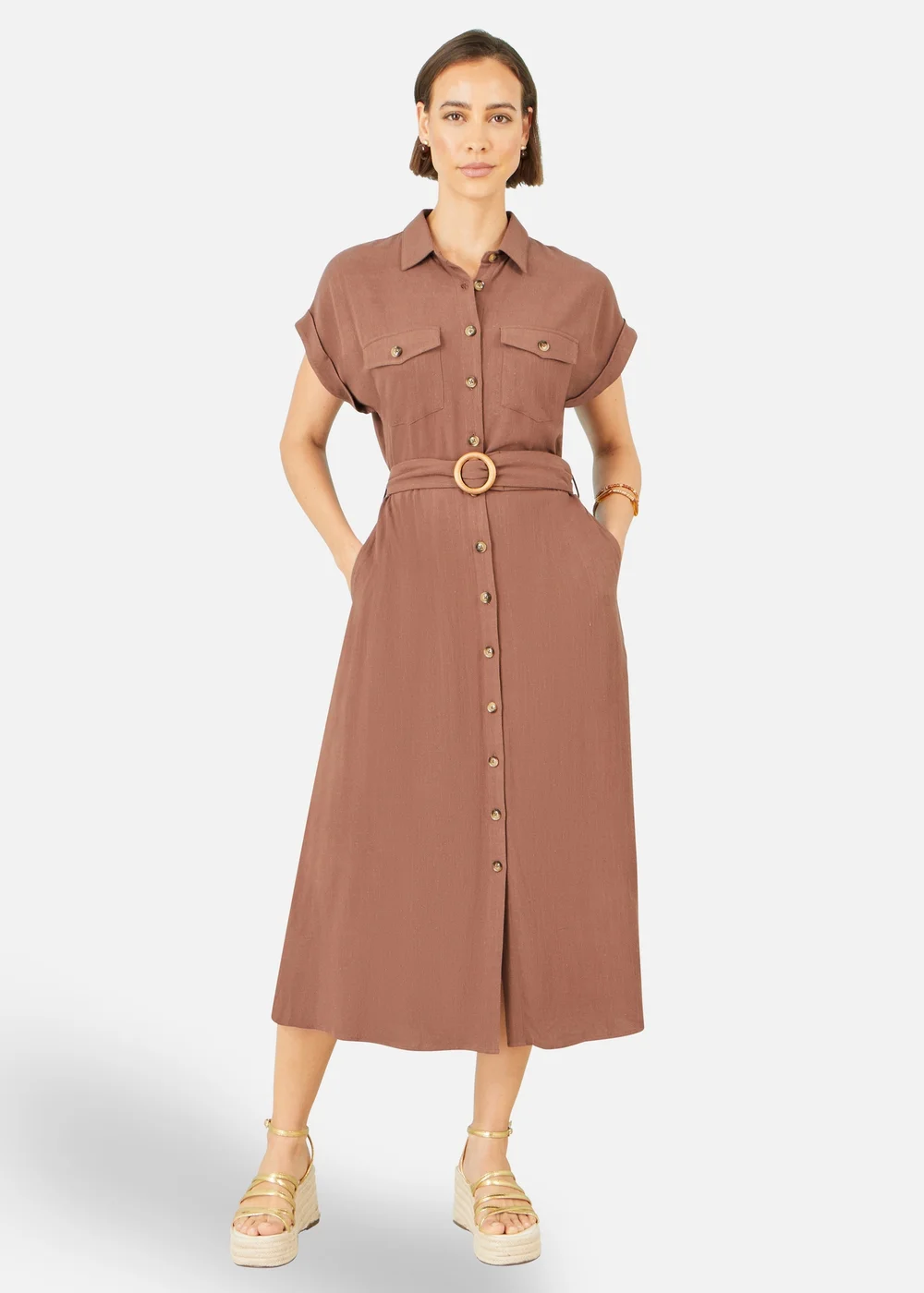Yumi Brown Viscose Linen Look Midi Shirt Dress With Wooden Belt - 8 Image 2