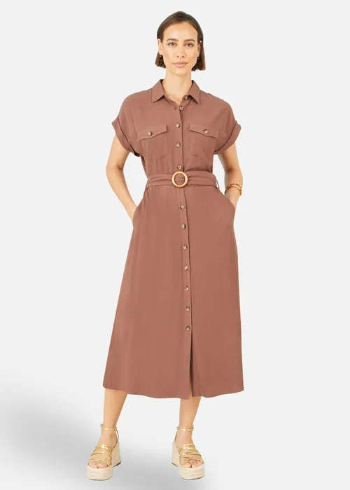 Yumi Brown Viscose Linen Look Midi Shirt Dress With Wooden Belt - 8 Image 2