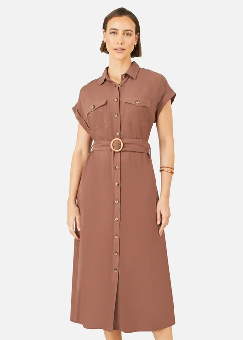 Yumi Brown Viscose Linen Look Midi Shirt Dress With Wooden Belt - 8 Image 1