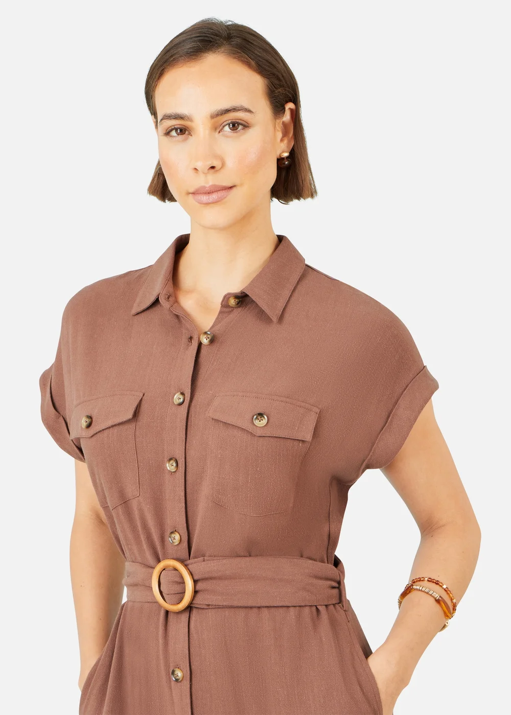 Yumi Brown Viscose Linen Look Midi Shirt Dress With Wooden Belt - 8 Image 3