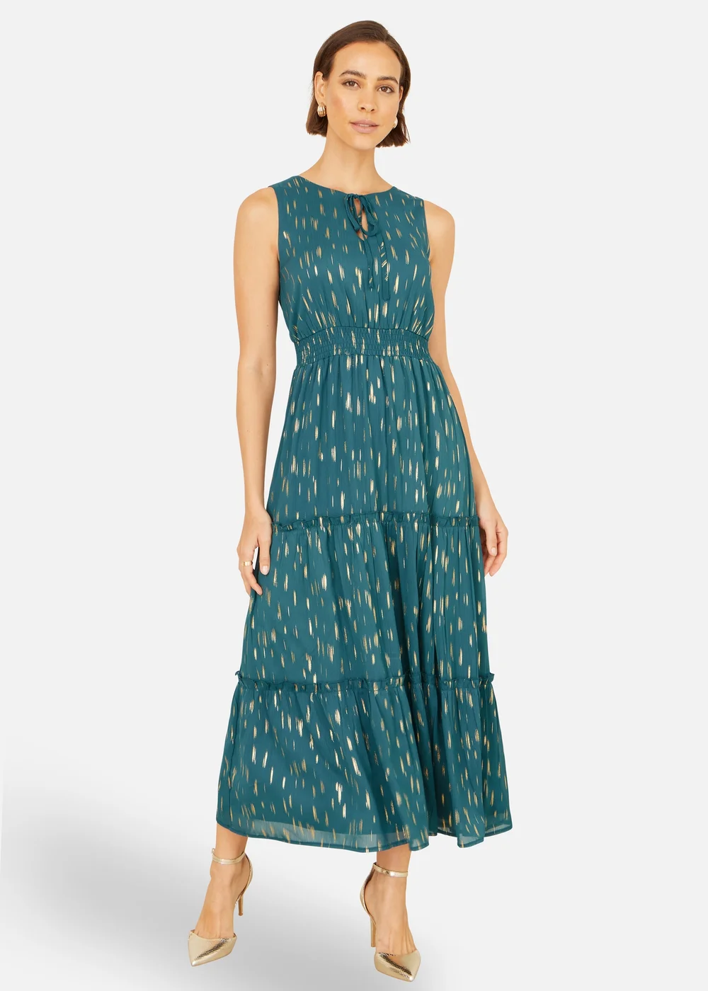 Yumi Teal Foil Print Ruched Waist Midi Dress With Tie Notch Neckline - 8 Image 1