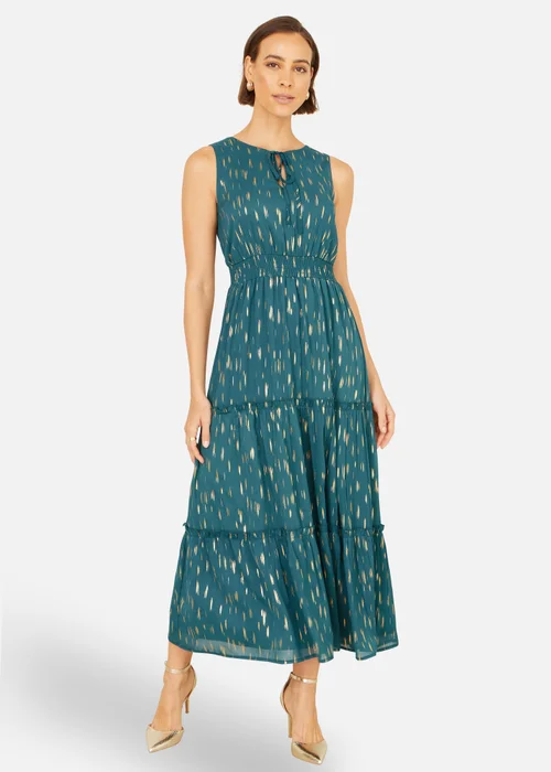 Yumi Teal Foil Print Ruched Waist Midi Dress With Tie Notch Neckline - 8 Image 1