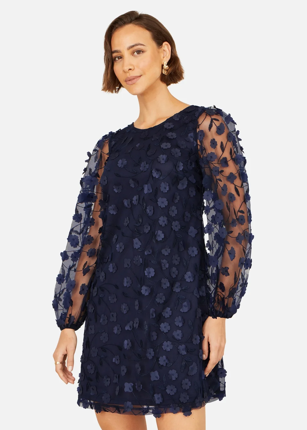Yumi Navy Long Sleeve Floral Applique Tunic - 16 Image 4