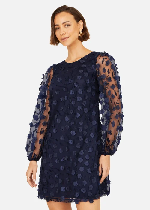 Yumi Navy Long Sleeve Floral Applique Tunic - 16 Image 4