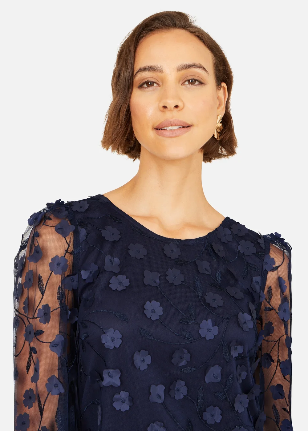 Yumi Navy Long Sleeve Floral Applique Tunic - 16 Image 3