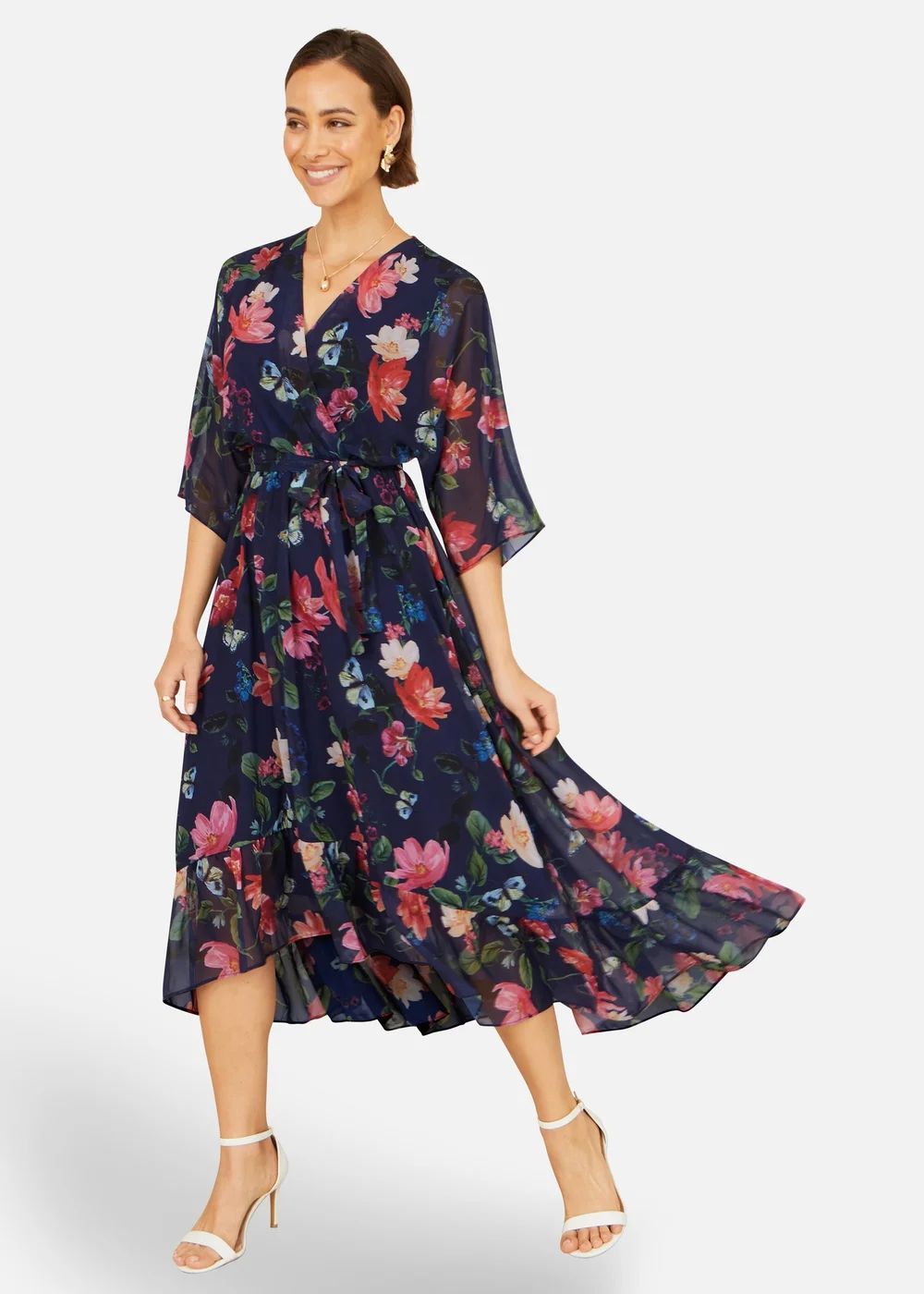 Yumi Navy Floral Kimono Wrap Dress With Dip Hem - 8 Image 2