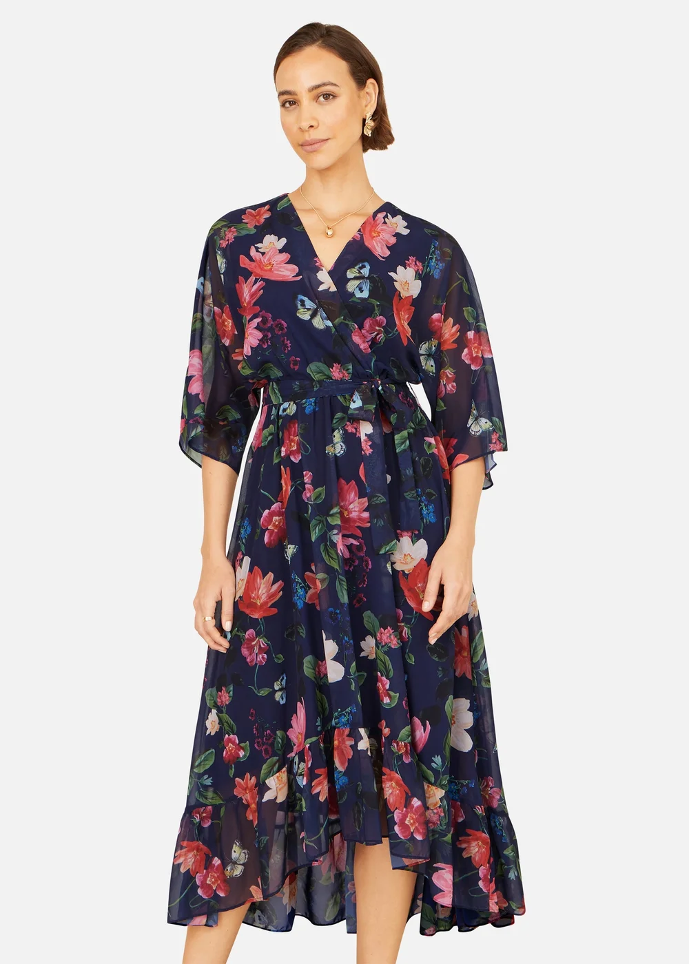 Yumi Navy Floral Kimono Wrap Dress With Dip Hem - 8 Image 1