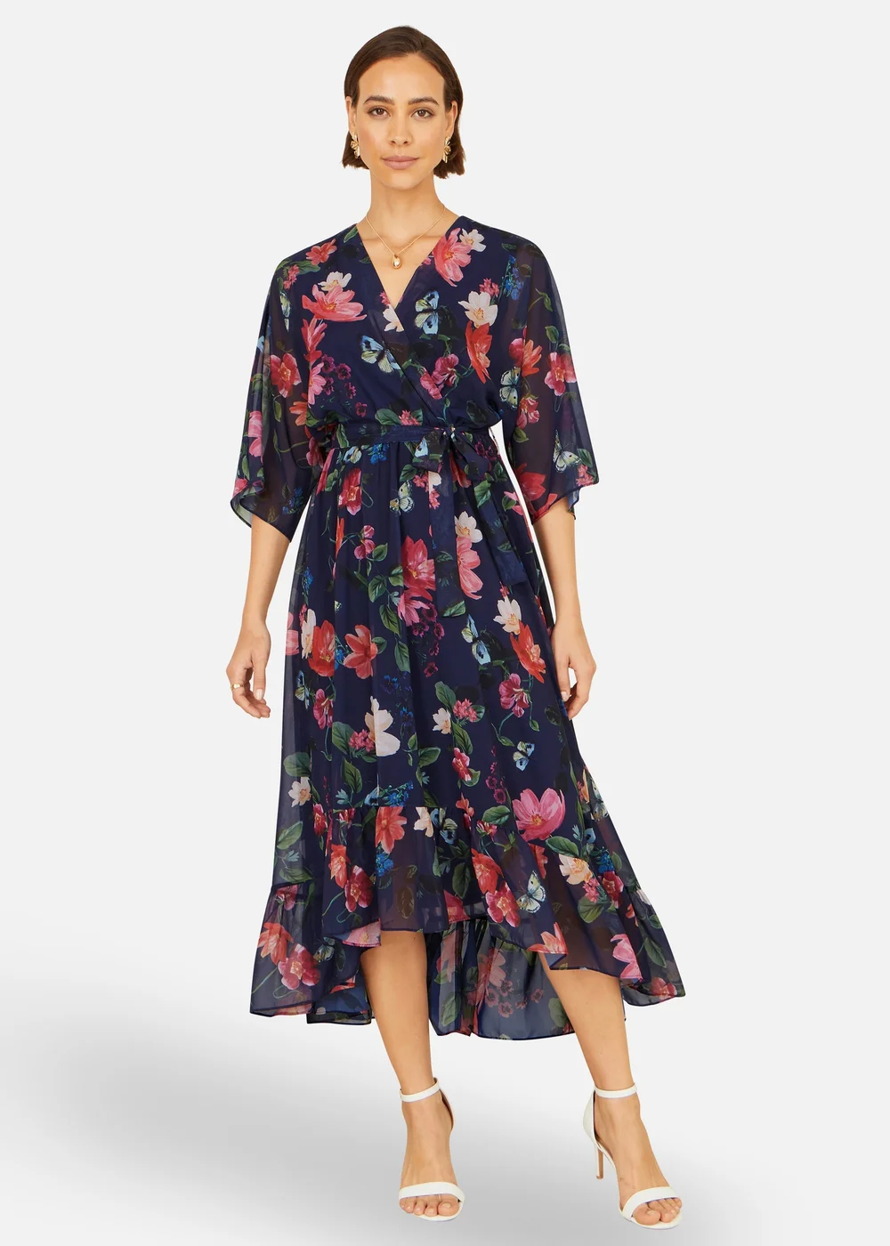 Yumi Navy Floral Kimono Wrap Dress With Dip Hem - 8 Image 4