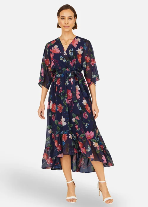 Yumi Navy Floral Kimono Wrap Dress With Dip Hem - 8 Image 4