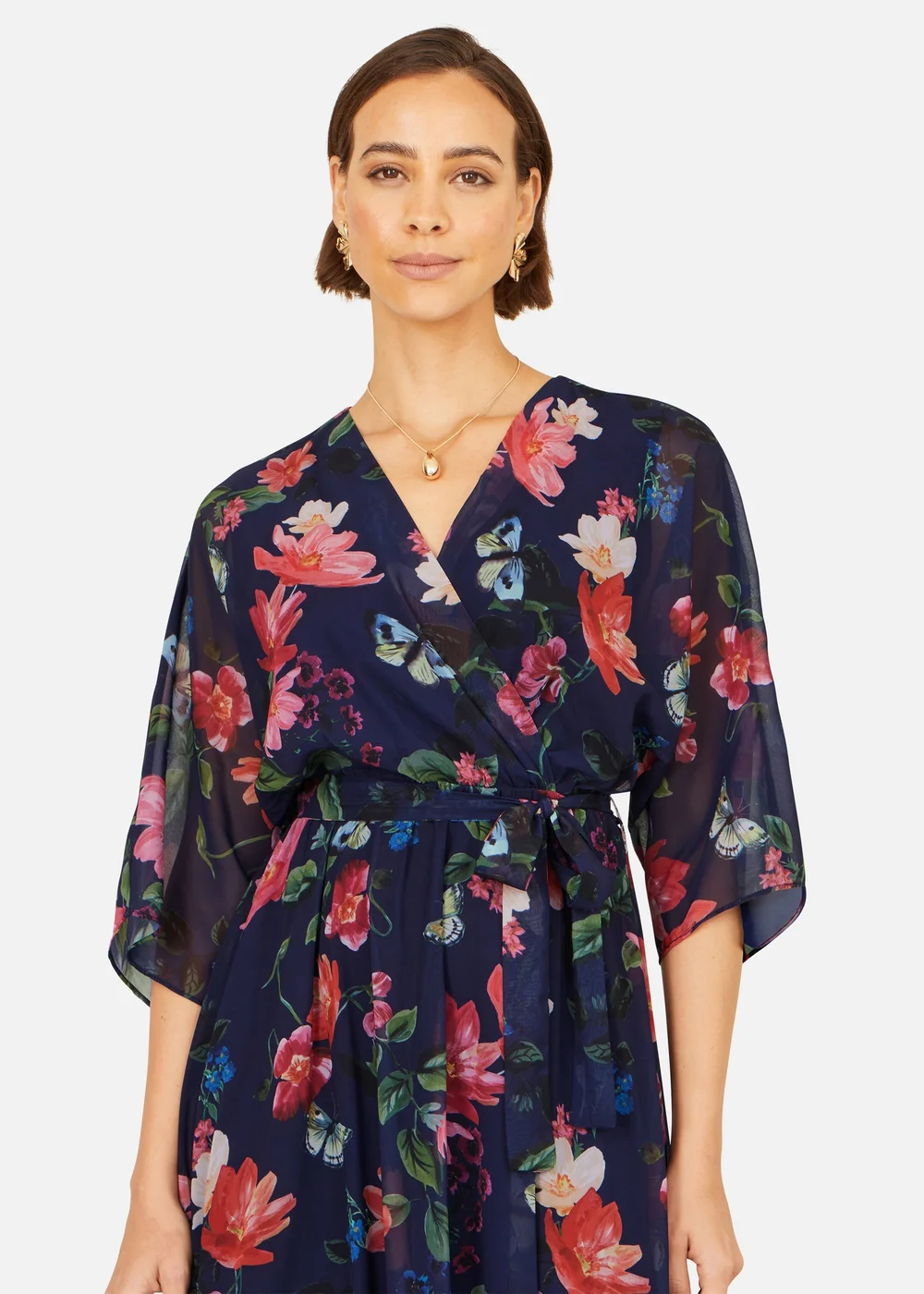 Yumi Navy Floral Kimono Wrap Dress With Dip Hem - 8 Image 3