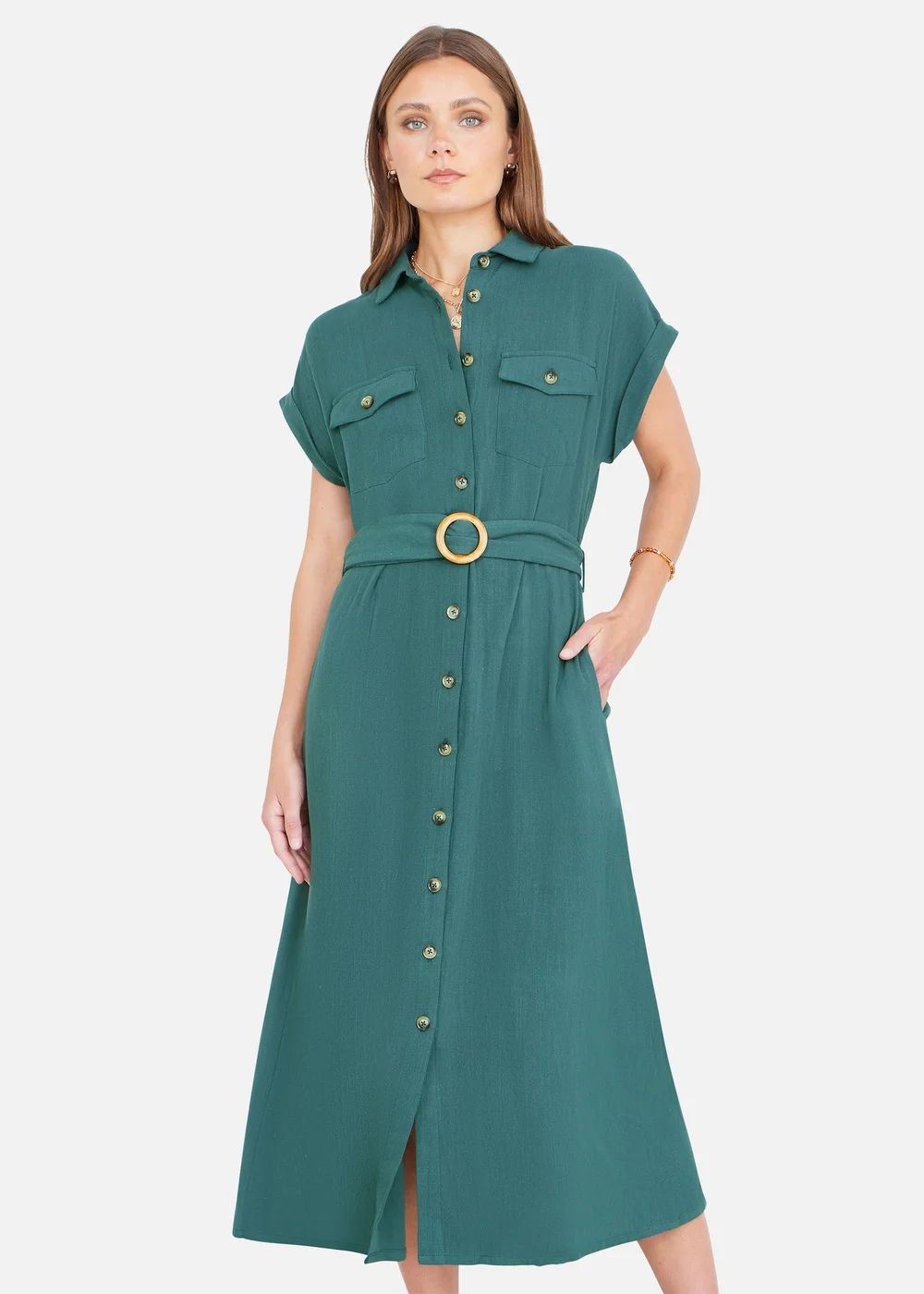 Yumi Green Viscose Linen Look Midi Shirt Dress With Wooden Belt - 16 Image 1