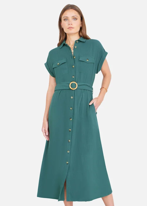 Yumi Green Viscose Linen Look Midi Shirt Dress With Wooden Belt - 16 Image 1