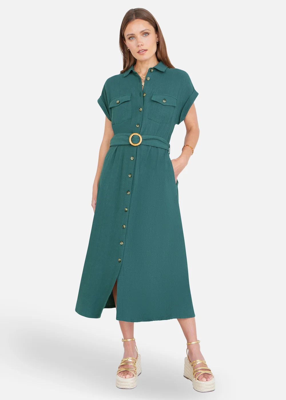 Yumi Green Viscose Linen Look Midi Shirt Dress With Wooden Belt - 16 Image 2