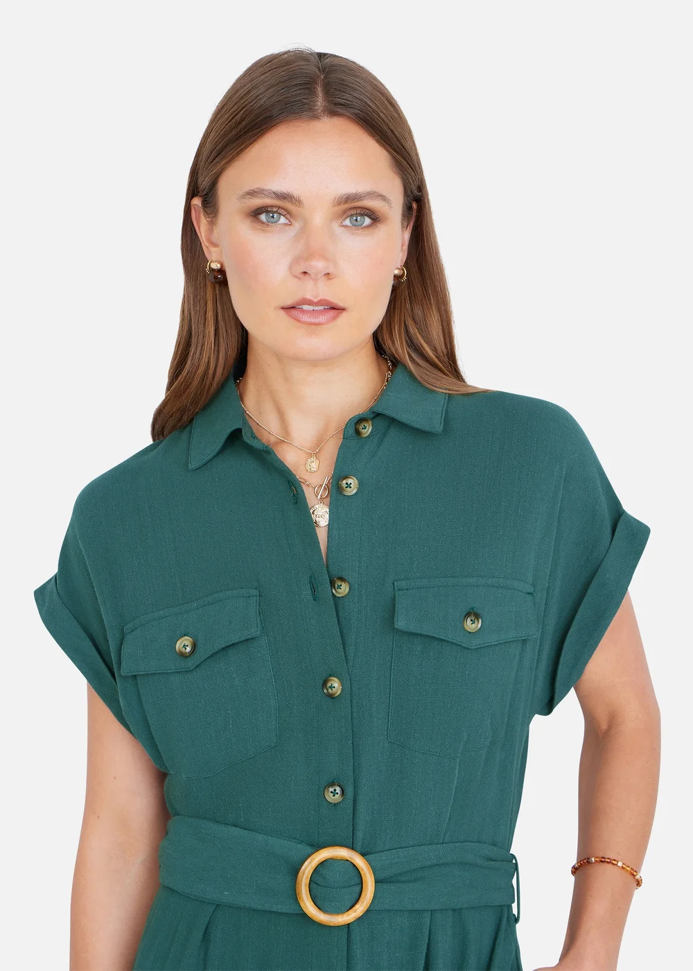 Yumi Green Viscose Linen Look Midi Shirt Dress With Wooden Belt - 16 Image 3