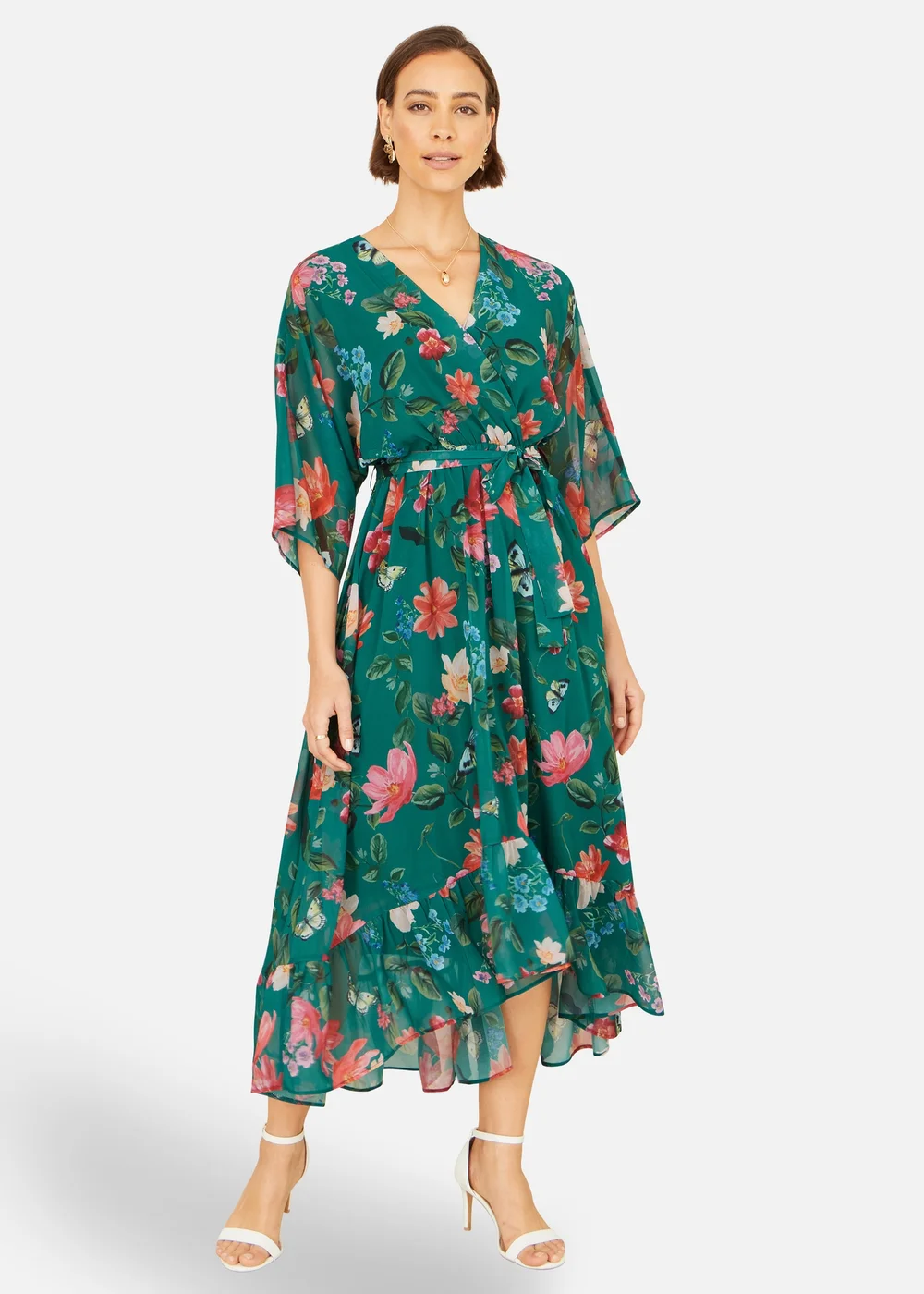 Yumi Green Floral Kimono Wrap Dress With Dip Hem - 14 Image 2