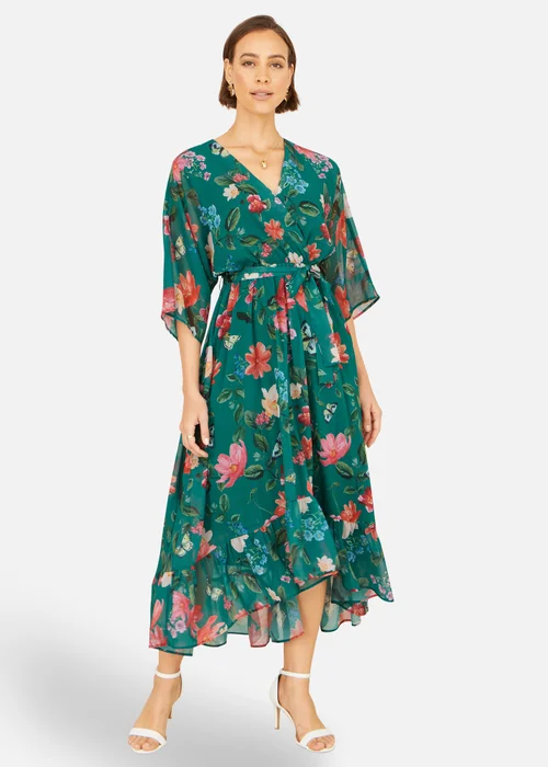 Yumi Green Floral Kimono Wrap Dress With Dip Hem - 14 Image 2